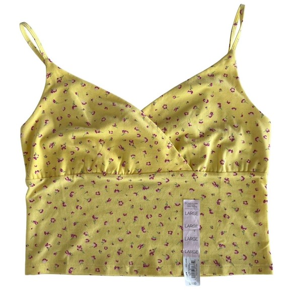 SO Ladies Juniors Wrap Front Cami Tee Crop Top Yellow with pink flowers si… - Picture 1 of 2